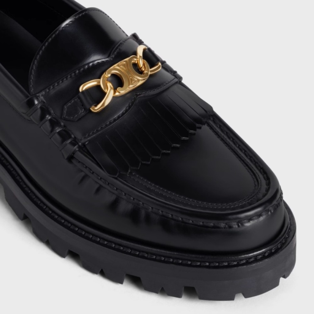 Celine Black Leather Loafers with Gold Buckle